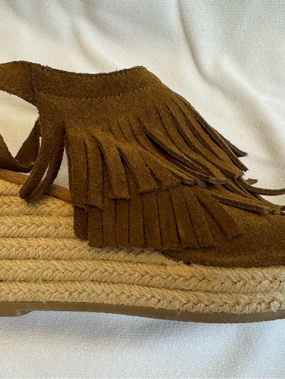 Minnetonka Ashley Suede Fringe Wedge Sandals 8 Brown Boho Espadrille Slingback - Picture 5 of 12